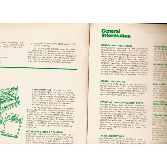 Grumman Employee Investment Plan Booklet 1970s 12pp Avg Wear, Green Cover - Picture 4 of 9
